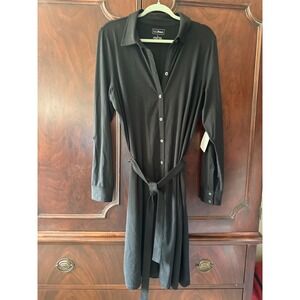 NWT LL Bean Black Button-up Belted Shirt Dress Women's L